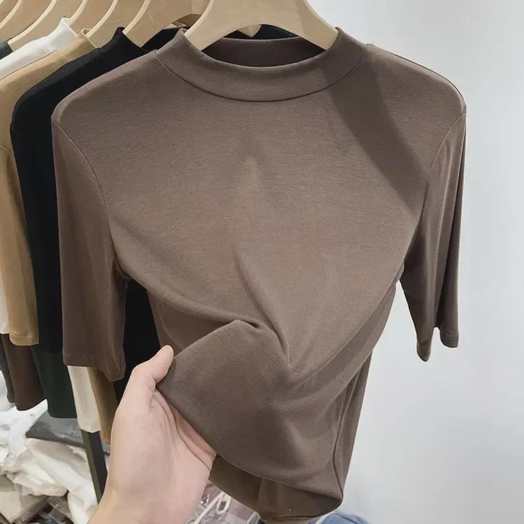 Женская весенне-летняя модальная футболка слим с рукавом до середины предплечья, универсальная однотонная маска