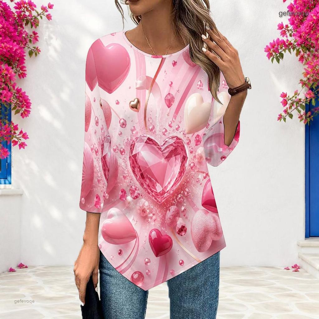 Ladies Plus Size Three Quarter Sleeve Shirt Pointed Hem Loose Stylish Casual Top For Daily Life