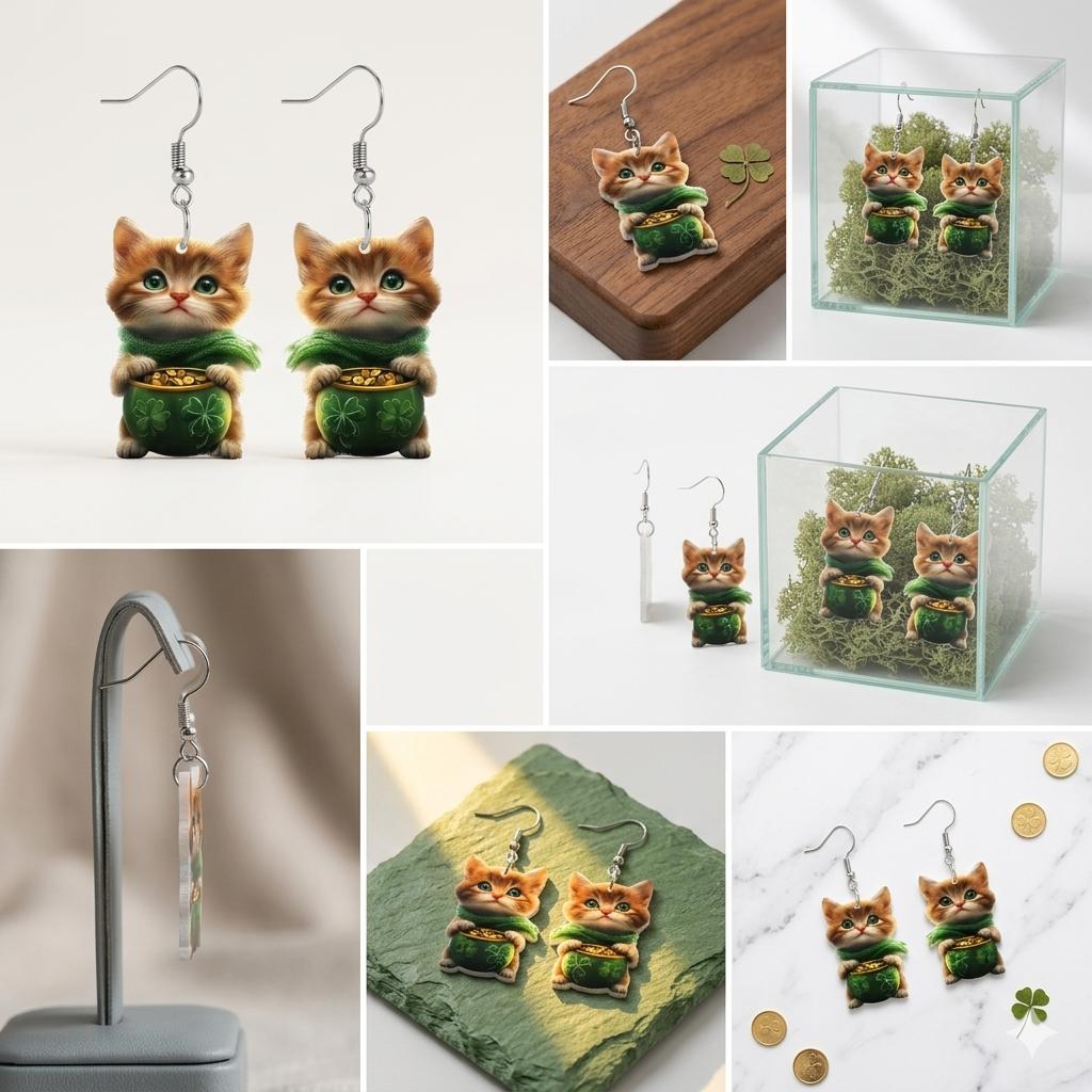 Cute Cats Acrylic Earrings 2D Flat Kitten Dangle Earrings for Women Funny Animal Jewelry Gift St. Patrick's Day Party Accessory