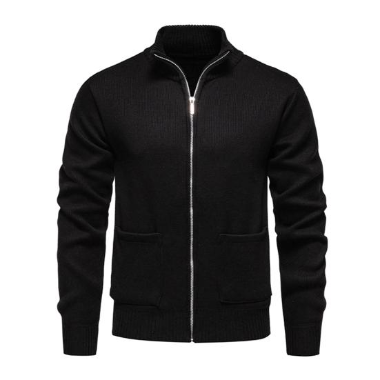 Мужская вязаная куртка со стойкой, длинными рукавами и застежкой-молнией, свитер-пальто с карманами, утолщенная плюшевая подкладка, трикотаж