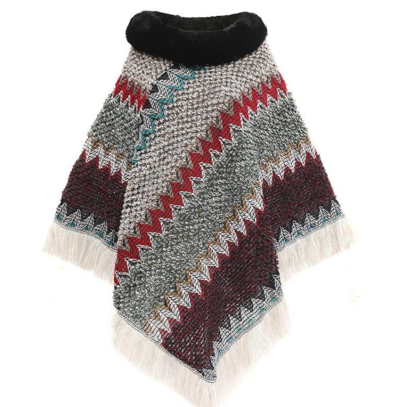Цветной этнический стиль пуловер накидка женская меховой воротник женская вязаная накидка теплая осенне-зимняя шаль