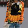 Halloween Cat Animal Series Color Blocked Tops Autumn Winter Women's 3D Printed Long Sleeve T-shirt