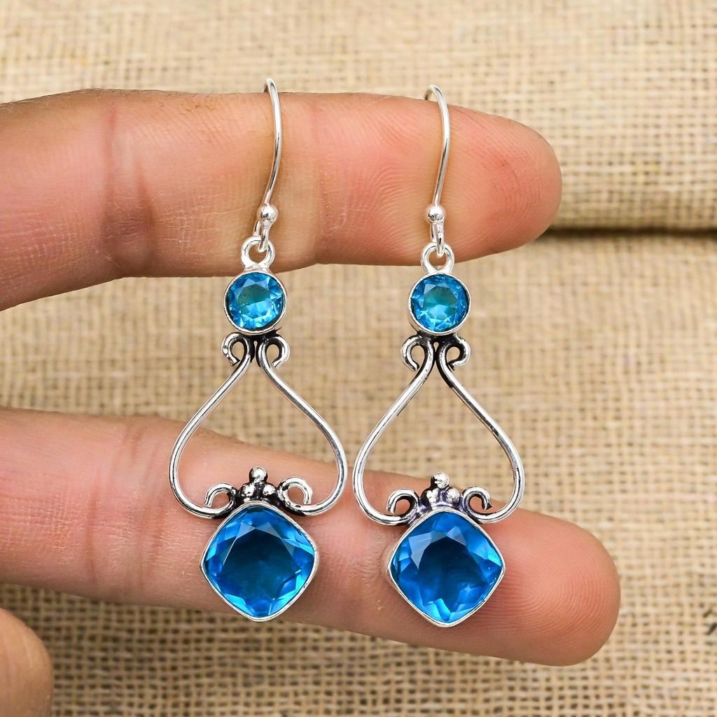 Blue Topaz Earrings, 925 Solid Sterling Silver Gemstone Jewelry, Handmade Earrings, For Thanksgiving