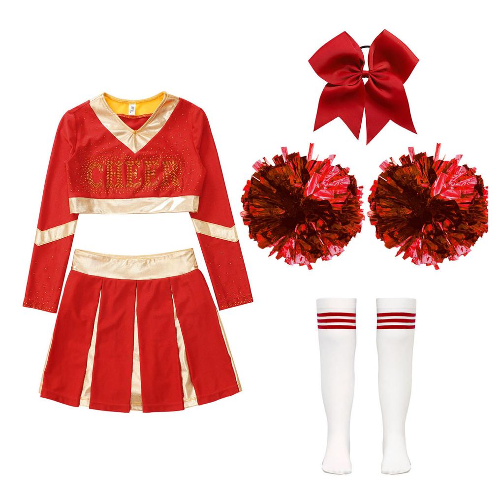 Kids Girls Cheerleading Set Long Sleeve Crop Top with Pleated Skirt and Bowknot Headwear Knee High Stockings 2Pcs Flower Balls for Dance Performance