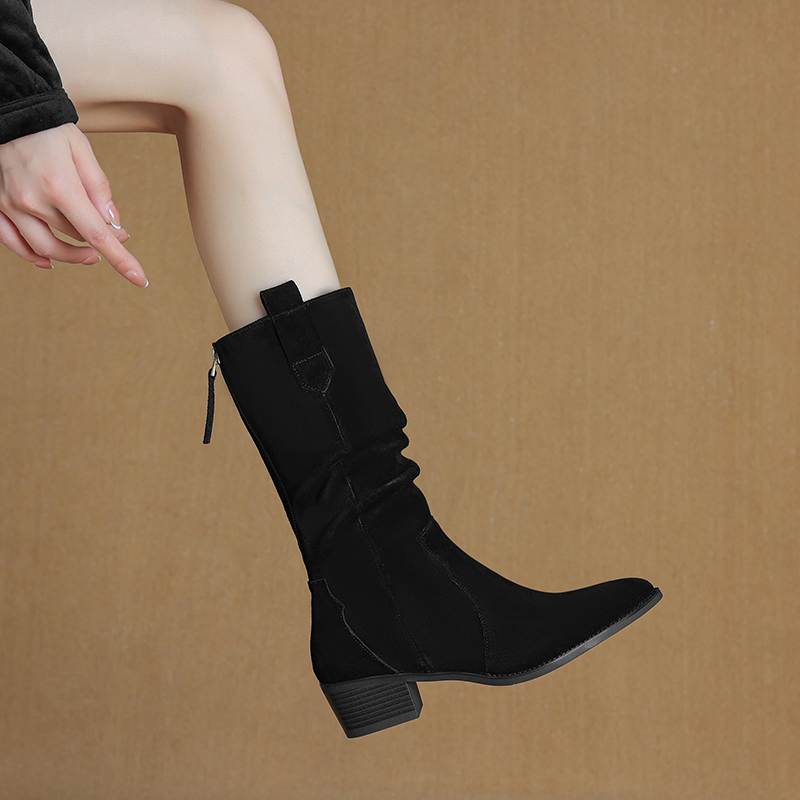 Krazing Pot Зимние женские сапоги из коровьей замши и нубука с круглым носком и средним каблуком, элегантные женские сапоги до середины голени в стиле ретро со складками