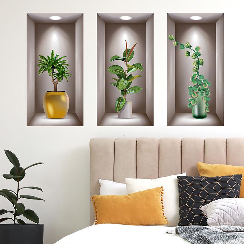 Wall Art Stickers Simulation 3D Three-Dimensional Potted Green Plants Flowers Home Decoration Wall Stickers Wallpapers