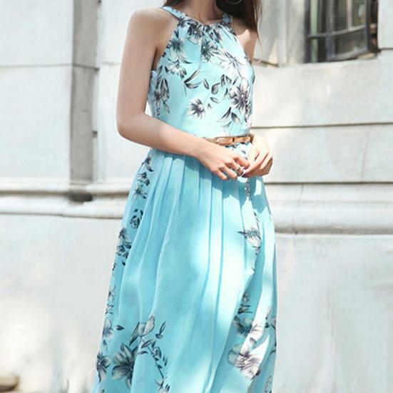 Women's Floral Maxi Dress Sleeveless Halterneck Chiffon Midi Dress Summer Boho Sundress with Belt for Vacation Wedding Cocktail Prom Party