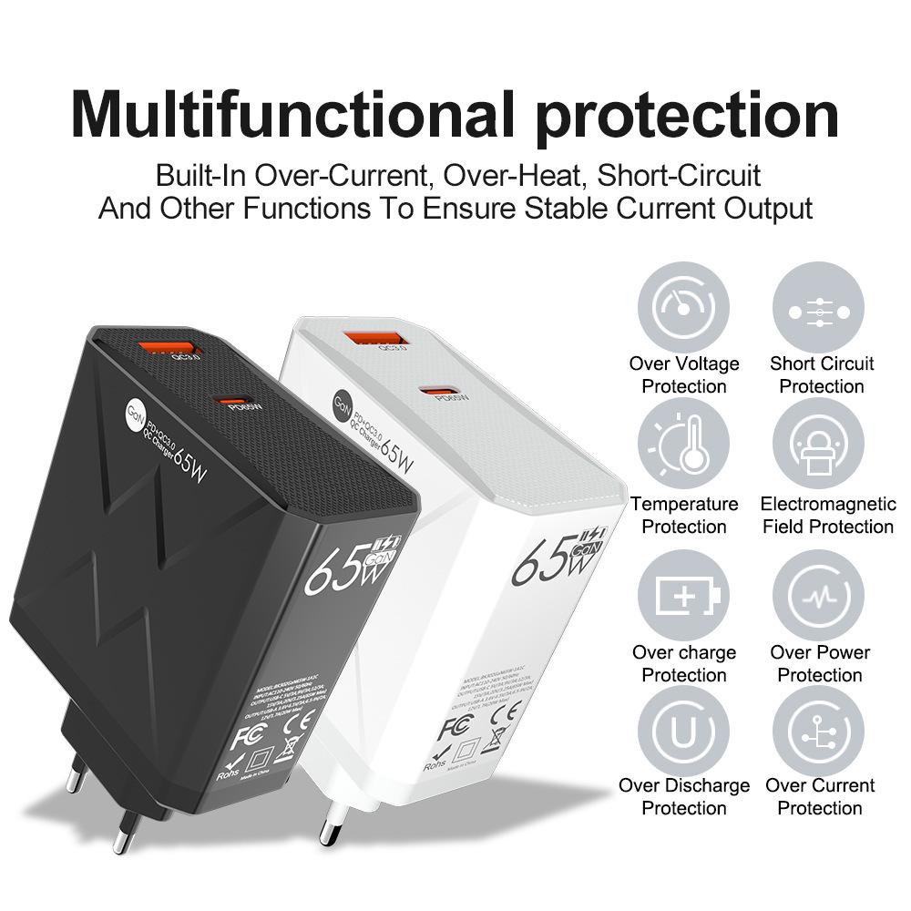 Универсальное зарядное устройство PD65W - Сертифицировано CE, ROHS, FCC, С портами Type-C QC3.0, Поддерживает австралийские, британские, европейские и американские стандарты, Порт A+C.