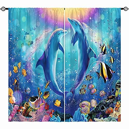 Cute Cartoon Dolphin Curtains Grommet Light Filtering Window Print Pattern Sea Animal Theme Curtain Bedroom Living Room 2 Panels