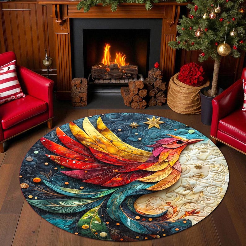 Christmas Bird Round Doormat, Winter Home Decor Rug, Xmas Living Room Mat for Holiday Decoration (2D Flat Printing)