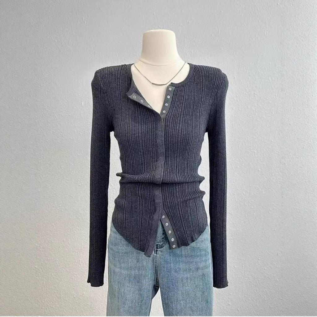 Женская трикотажная футболка с полуоткрытым вырезом и длинным рукавом, осень, новая мода, зарубежный стиль, приталенная, универсальная