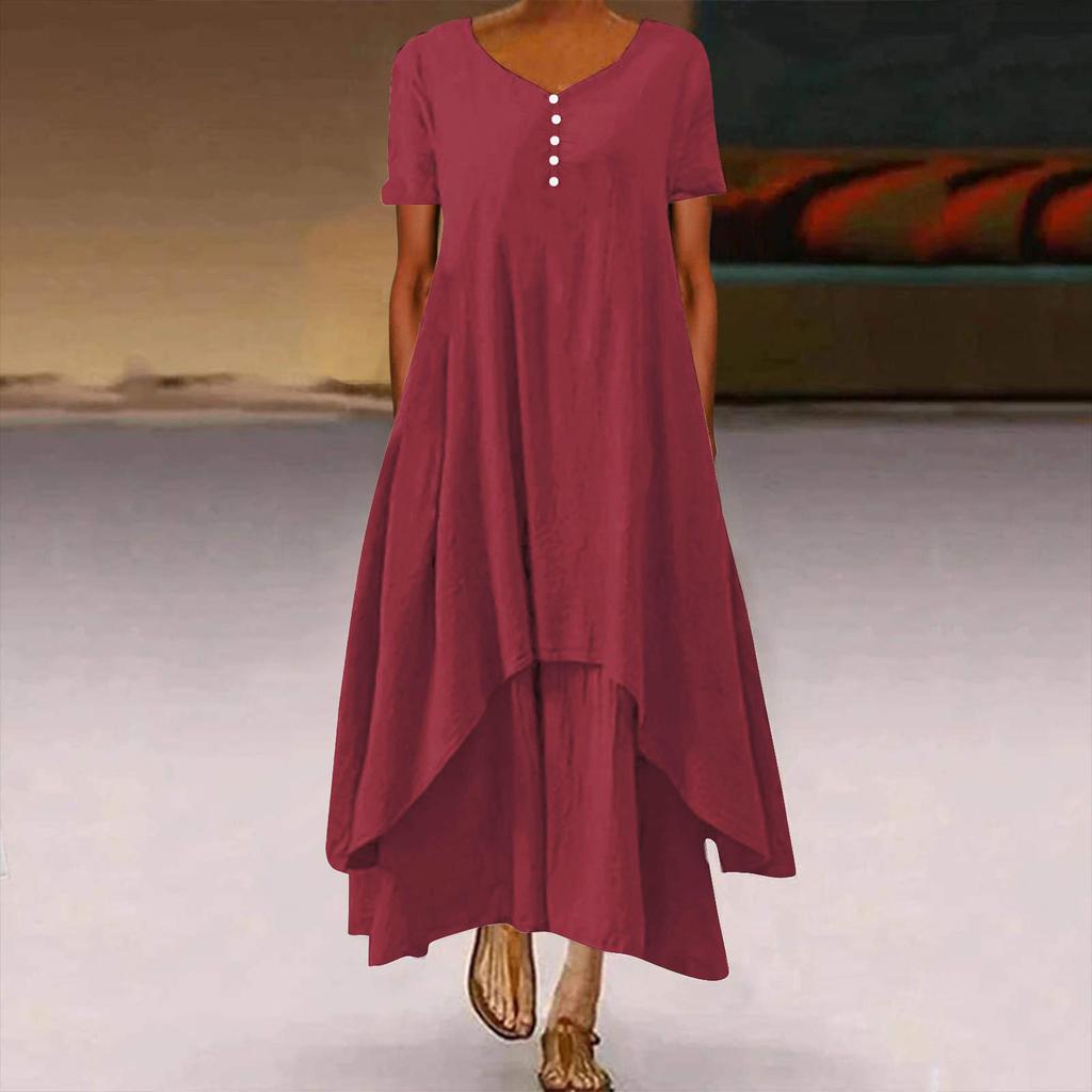Женская мода Boho сплошной цвет с коротким рукавом свободное повседневное нерегулярное платье