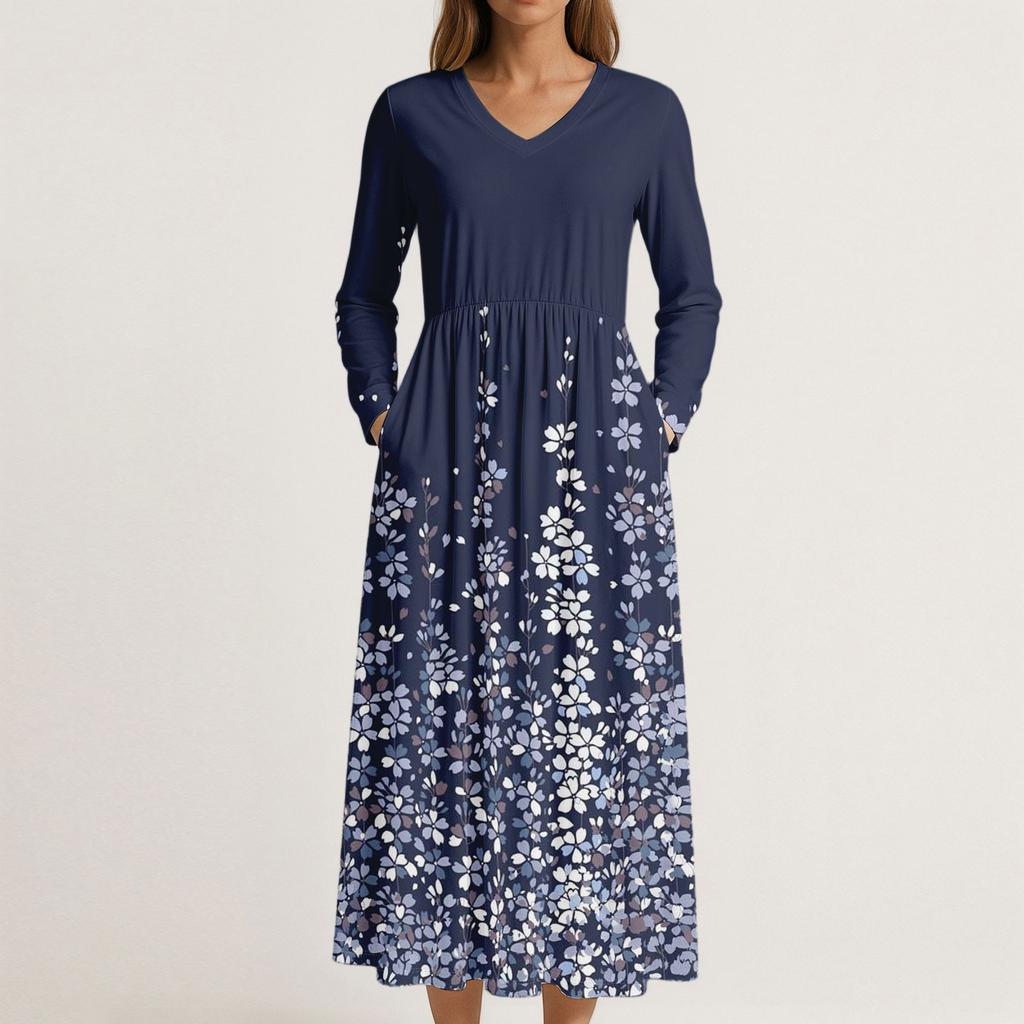 Платье для женщин длинное бохо пляжное платье элегантное макси-платье V-образный вырез длинный рукав платье с карманами