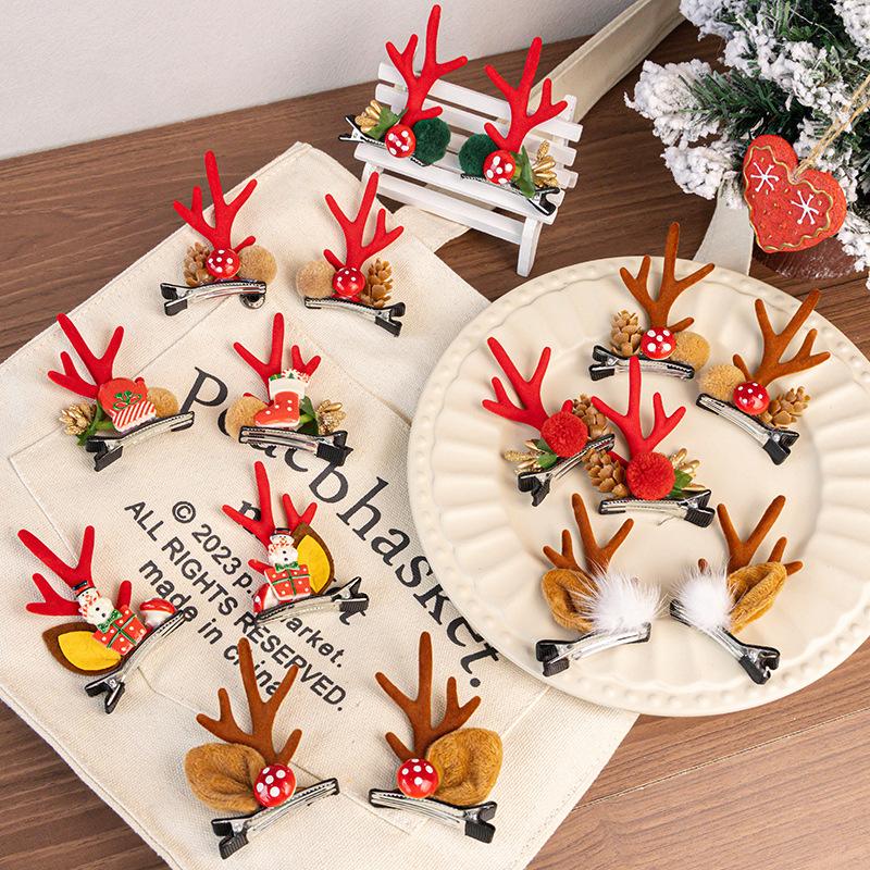 Заколки для волос в виде рогов северного оленя с помпонами и ушками - Праздничные рождественские аксессуары для волос для женщин, Идеально подходят для сезонных торжеств