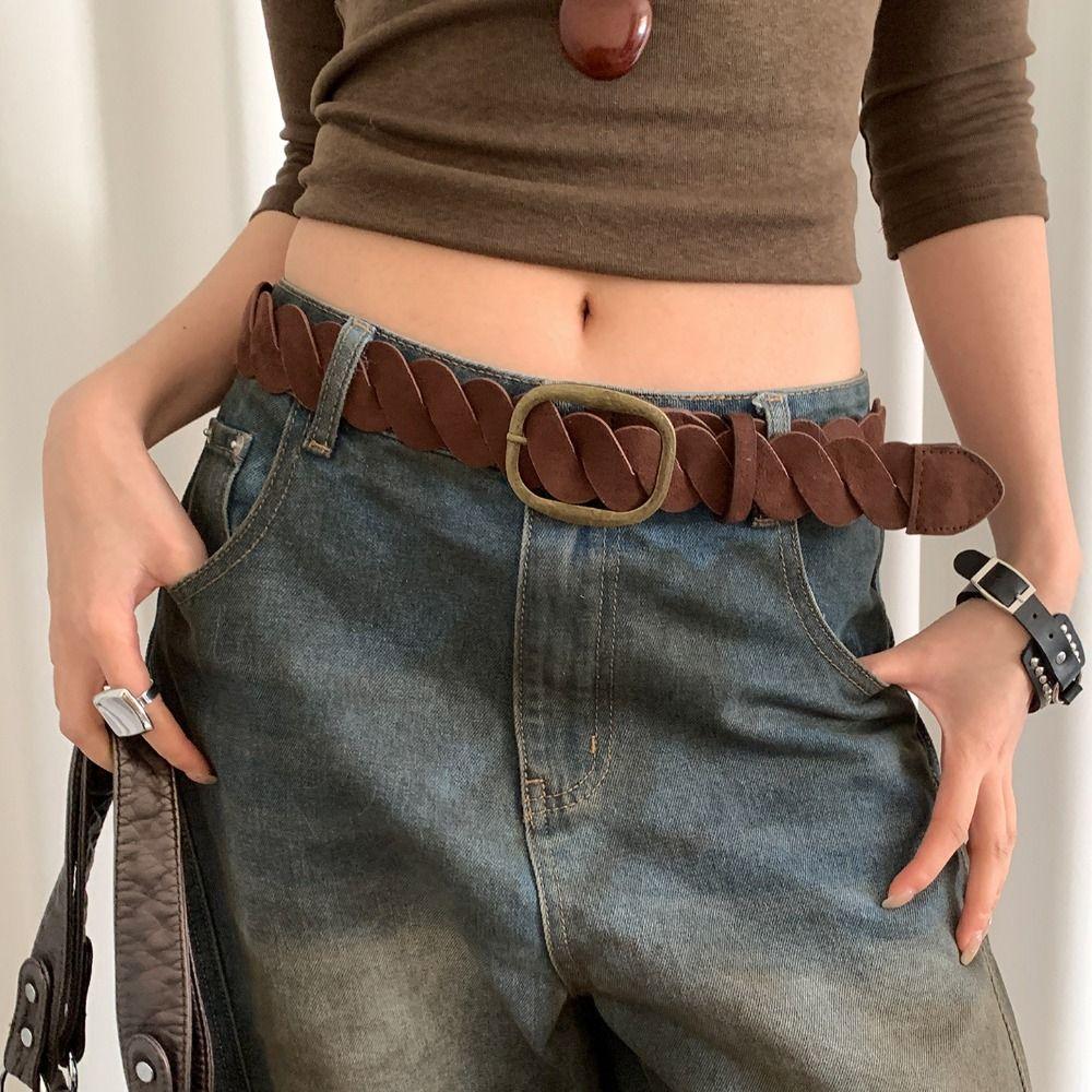 Pin Buckle Twists Woven Waistband Weave Men Belt Fashion Suede Belt Unisex