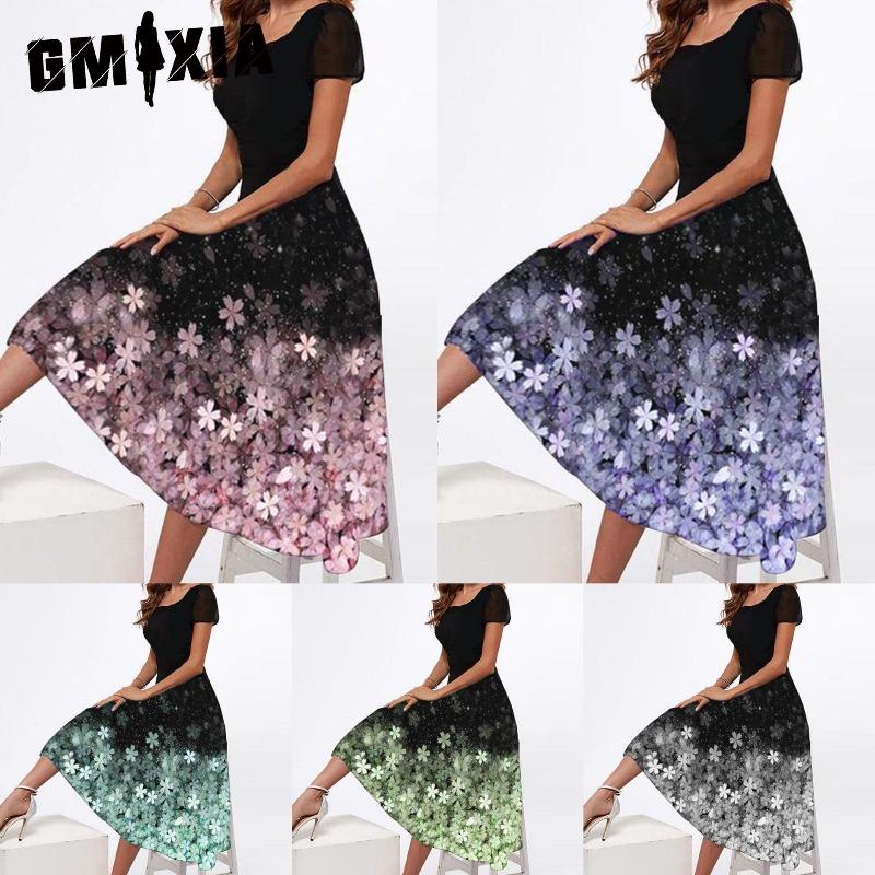 GMXIA Женская мода лето весна повседневные платья с коротким рукавом и круглым вырезом