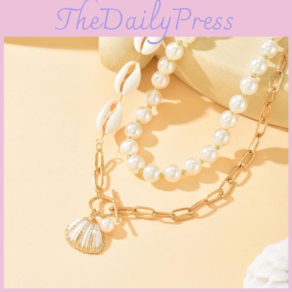 Geometric Shell Pendant Necklace Layered Chain With Alloy Charm For Casual Summer Wear