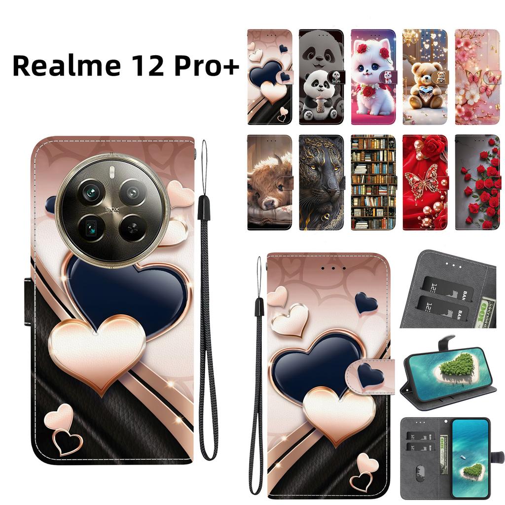 Handmade PU Leather Flip Case for Realme 12 Pro+ Anti-Slip Shockproof Cover with Wrist Strap & Heart/Rose Cat Designs