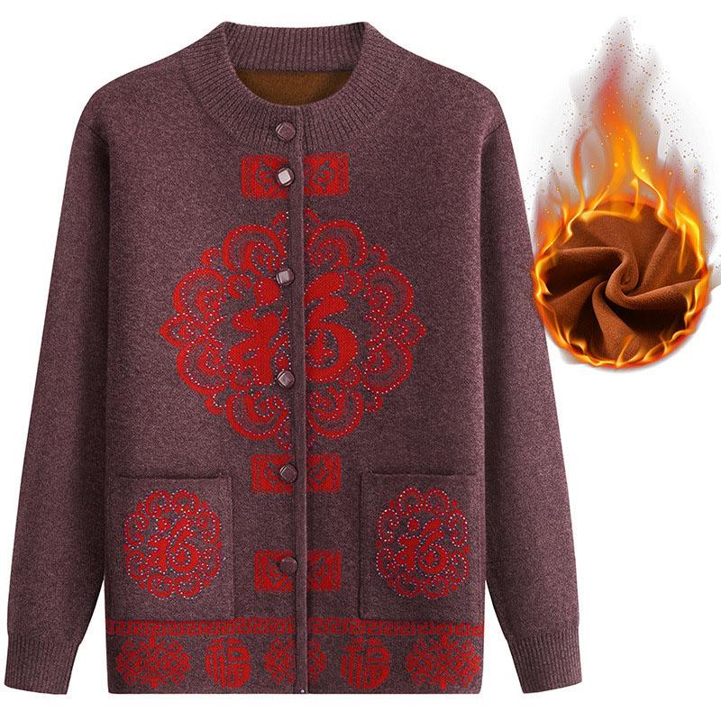 Кардиган, свитер, вязаный свитер для пожилых людей, универсальный флисовый утепленный осенне-зимний костюм, женский свитер для пожилой женщины