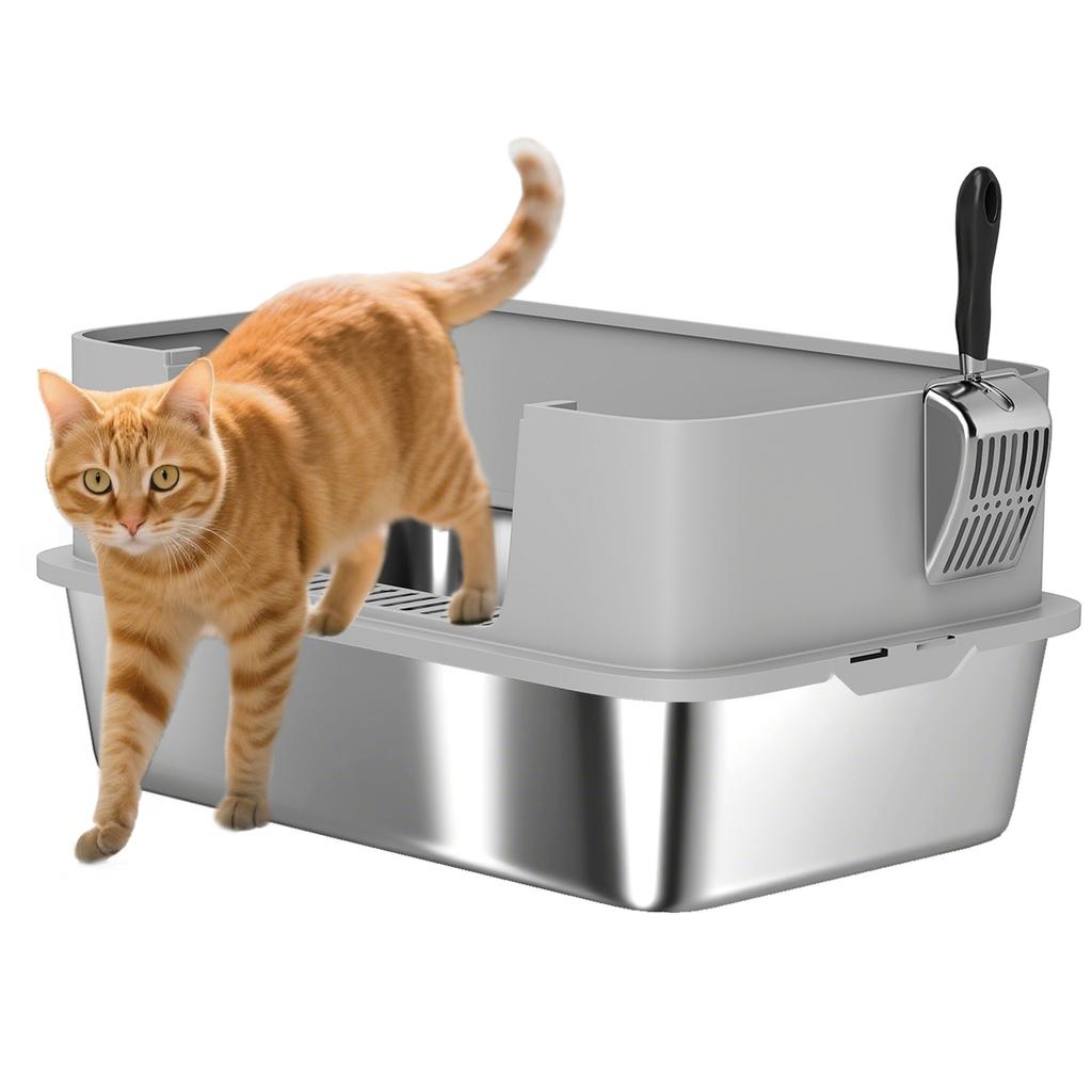 Stainless Steel Cat Litter Box XL With High Edge Easy To Clean Leak Proof 60x40x29.5 Cm Gray