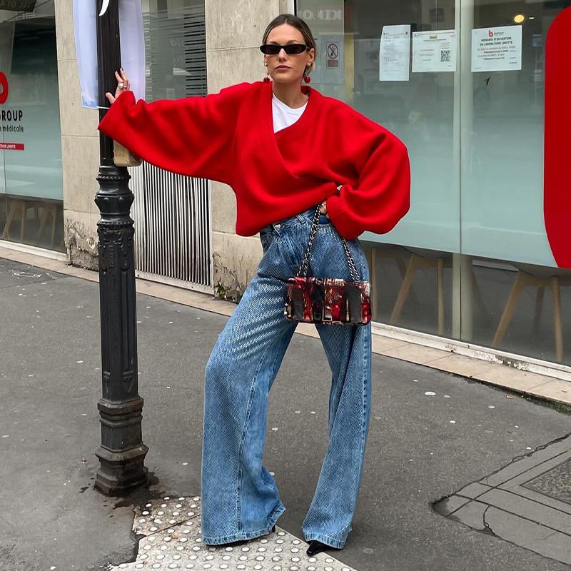 Красный женский свободный шерстяной свитер с V-образным вырезом, куртка с длинным рукавом, вязаный пуловер, новый осенний женский повседневный офисный трикотаж, топы