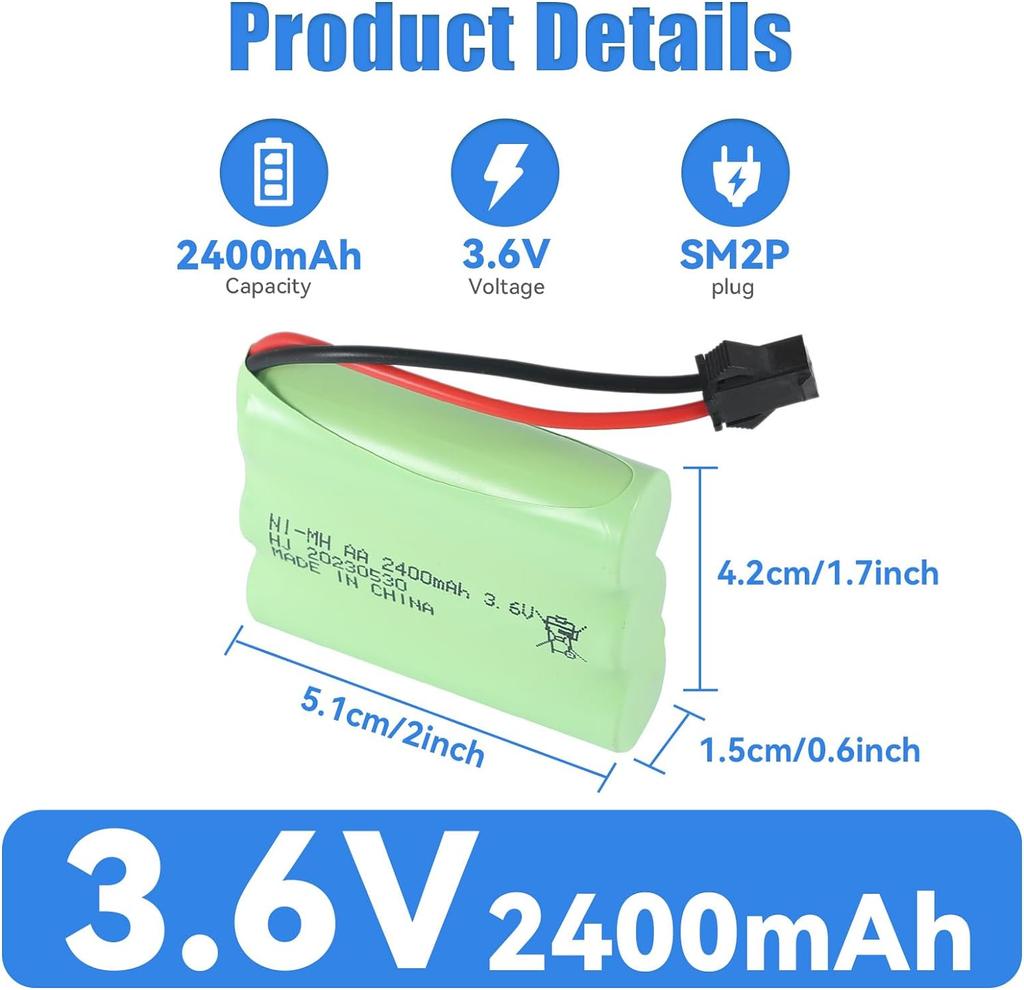 3.6V 2400mAh Ni-MH AA Rechargeable Battery with USB Charging Cable and SM-2P Connector – Ideal for RC Toys, Lighting, and Power Tools