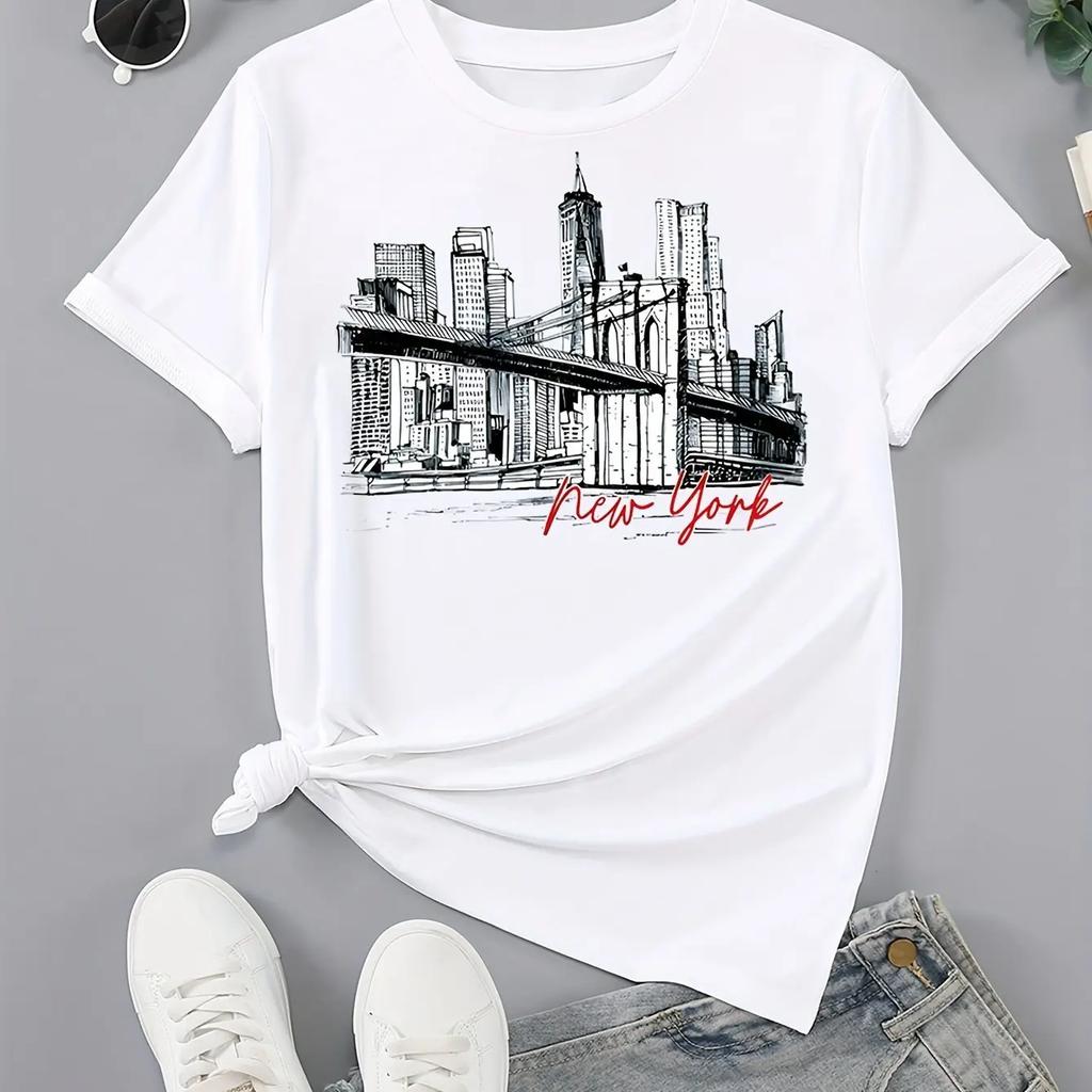 New York Print Crew Neck T-shirt Casual Short Sleeve Top For Spring & Summer Women's Clothing Hop Casual Female Clothing