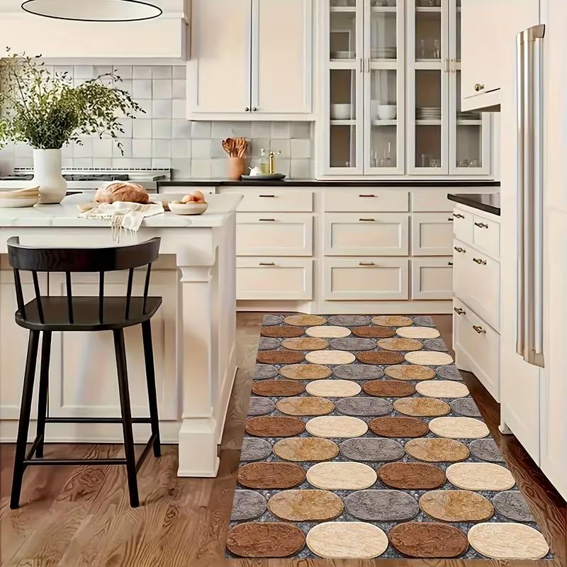 Мозаичный ковер с инкрустацией камнем, Круговой узор, Палитра земляных тонов, Текстурированный напольный коврик для современного оформления прихожей
