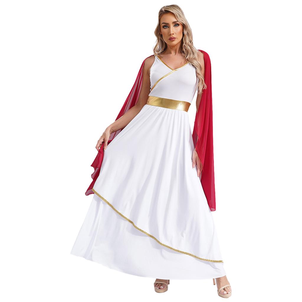 Women's Ancient Greek Roman Queen Costume Halloween Cosplay Gold Trims Toga Dress