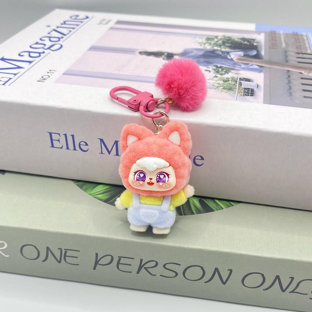 Flocked Handwave Cat Keyring With Cute Plush Finish For Bag And Keys