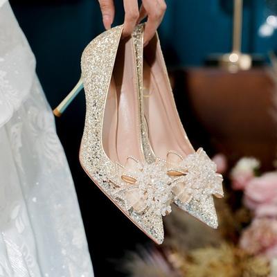 Мода 2025 Новые весенне-летние свадебные туфли Двойной способ носки Свадебные туфли Стразы Блестки Каблуки