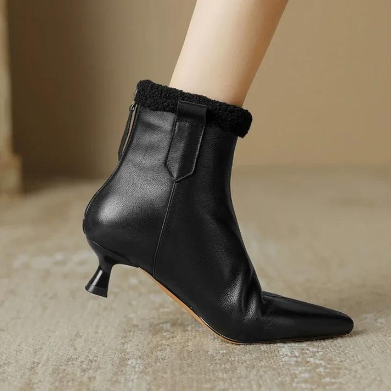Женские меховые ботильоны с острым носком, модные кожаные теплые плюшевые туфли на среднем каблуке, женский бренд, зима 2025, тренд, уютные ботинки Mujer
