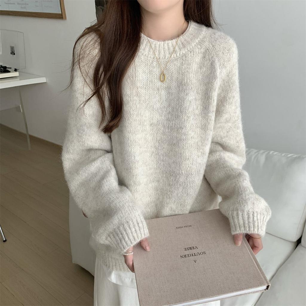 WTEMPO Women's Knitted Sweater Loose and Lazy Loose Round Neck Long Sleeved Pullover Knit Sweater Top