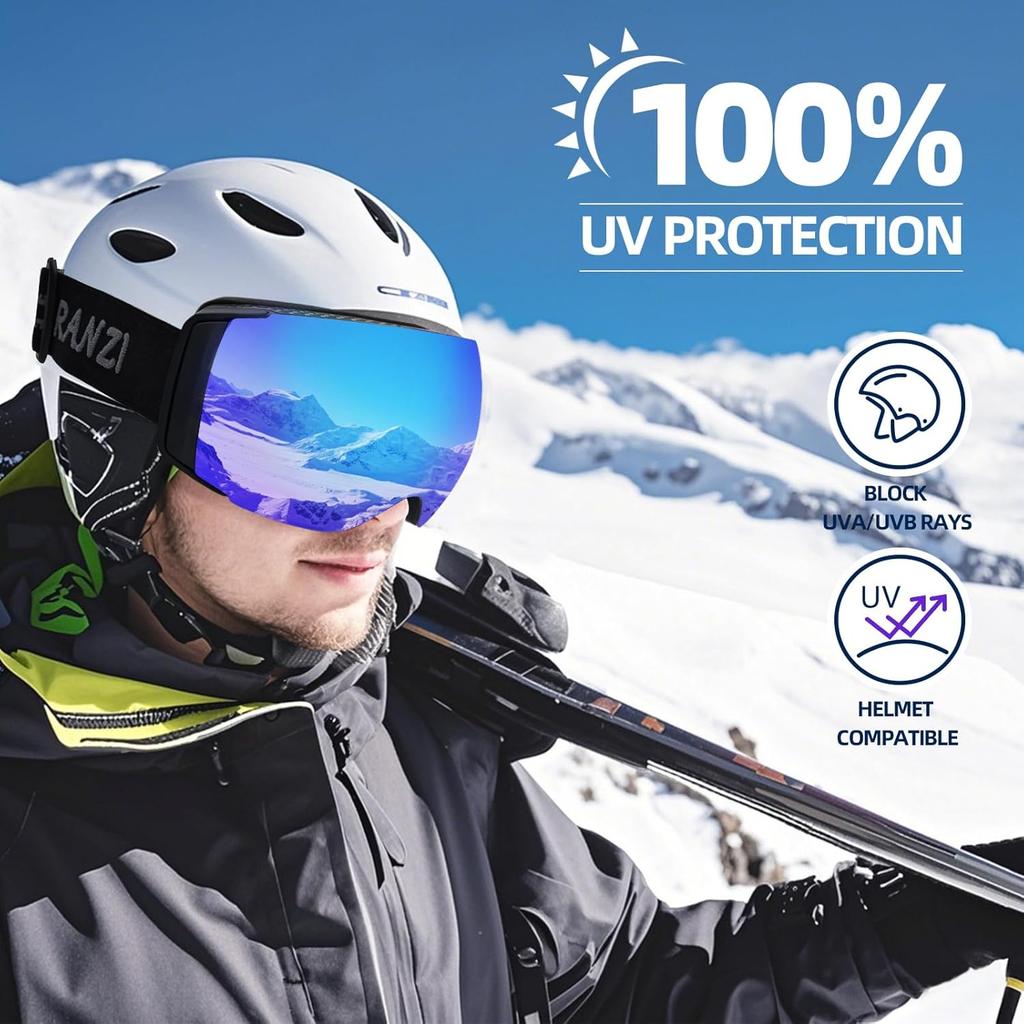 Ski Goggles Men Women OTG Anti-Fog/Scratch 100% UV-Magnetic Lens-Snowboard Snow Goggles for Men & Women