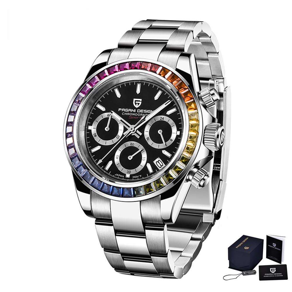 PAGANI DESIGN PD-1644 Rainbow Bezel Sport Watch Men Quartz Stainless Steel 100M Waterproof Mens Watch VK63 Sapphire Chronograph