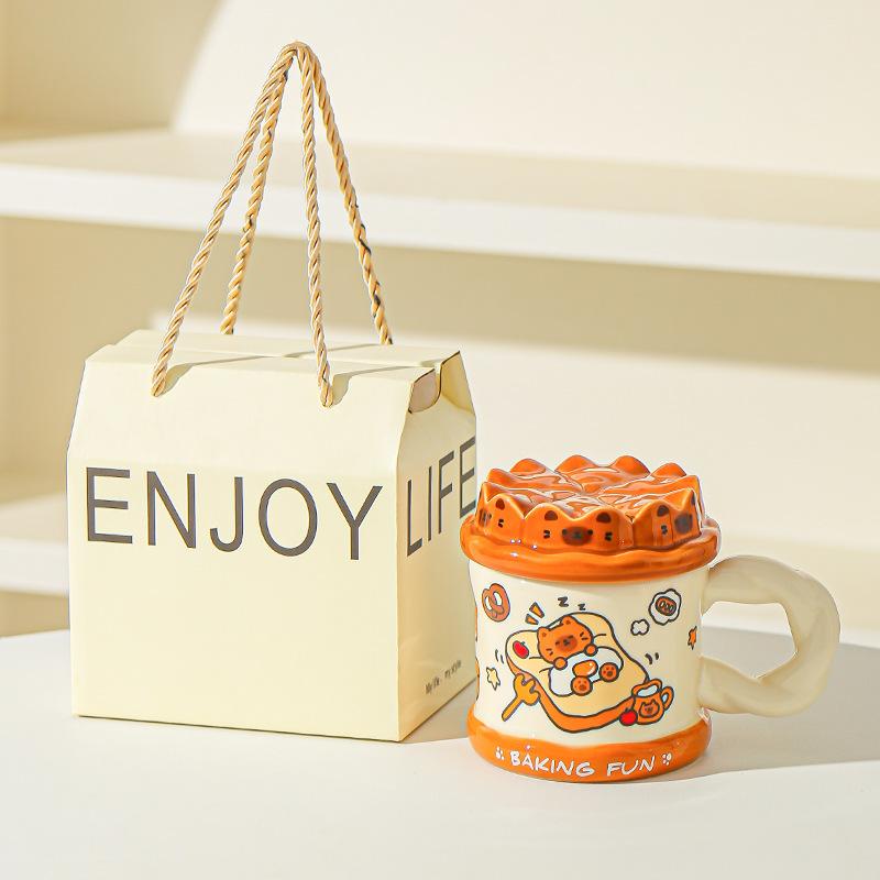 Нарисованная от руки кружка с милым котом «Торт на день рождения», офисная кружка для воды для высокой девушки с крышкой, домашняя парная керамическая кружка