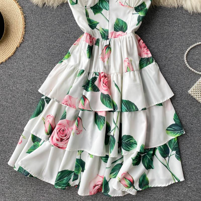 Ladies Elegant Printed Printed Dress Summer New Slim Short Multi-layer Ruffled Holiday Sling