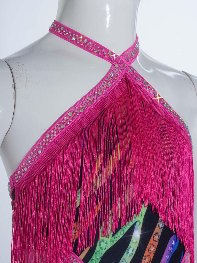 Kids Rhinestone Tassel Latin Dance Competition Bodysuit Halter Sleeveless Crisscross Back Side Cutout Jumpsuit for Stage Show