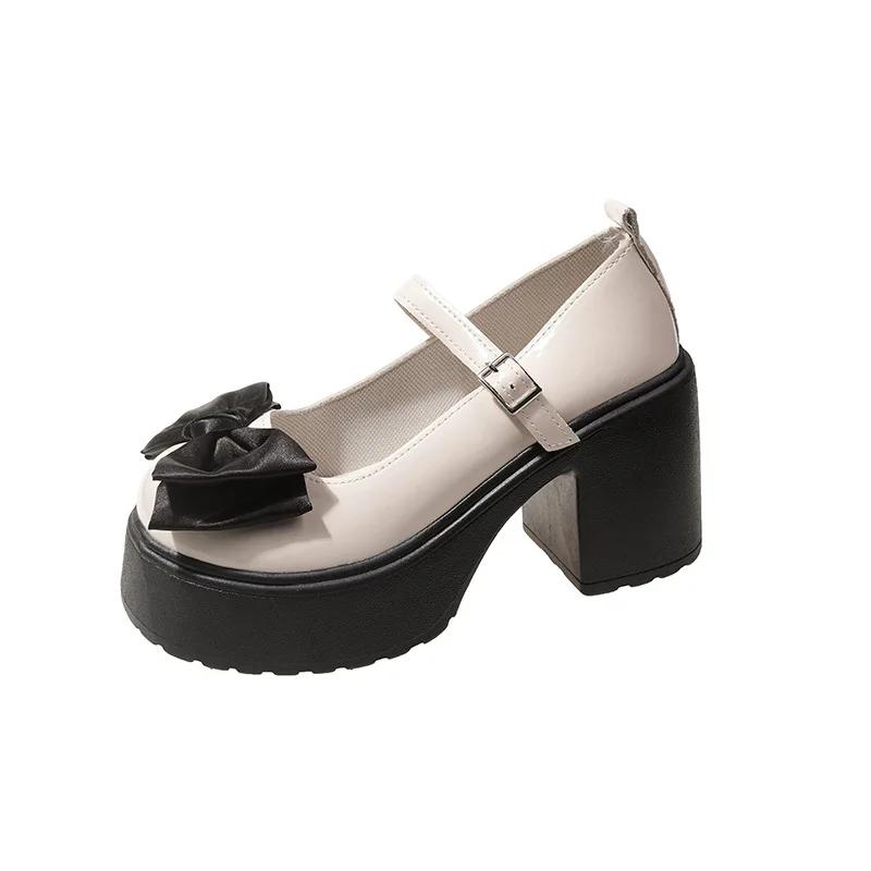 2025 Лето Новые Туфли Мэри Джейн на Грубом Каблуке Модные Туфли-Лодочки с Бантом на Толстом Каблуке и Круглым Носком Трендовая Уличная Обувь Лолита