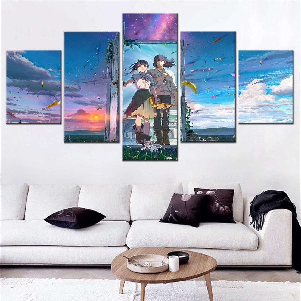 5 Piece Canvas Painting Family Animation Suzume No Tojimari Time Wall Art Modern Pictures Decorative Framework Child Room Decor