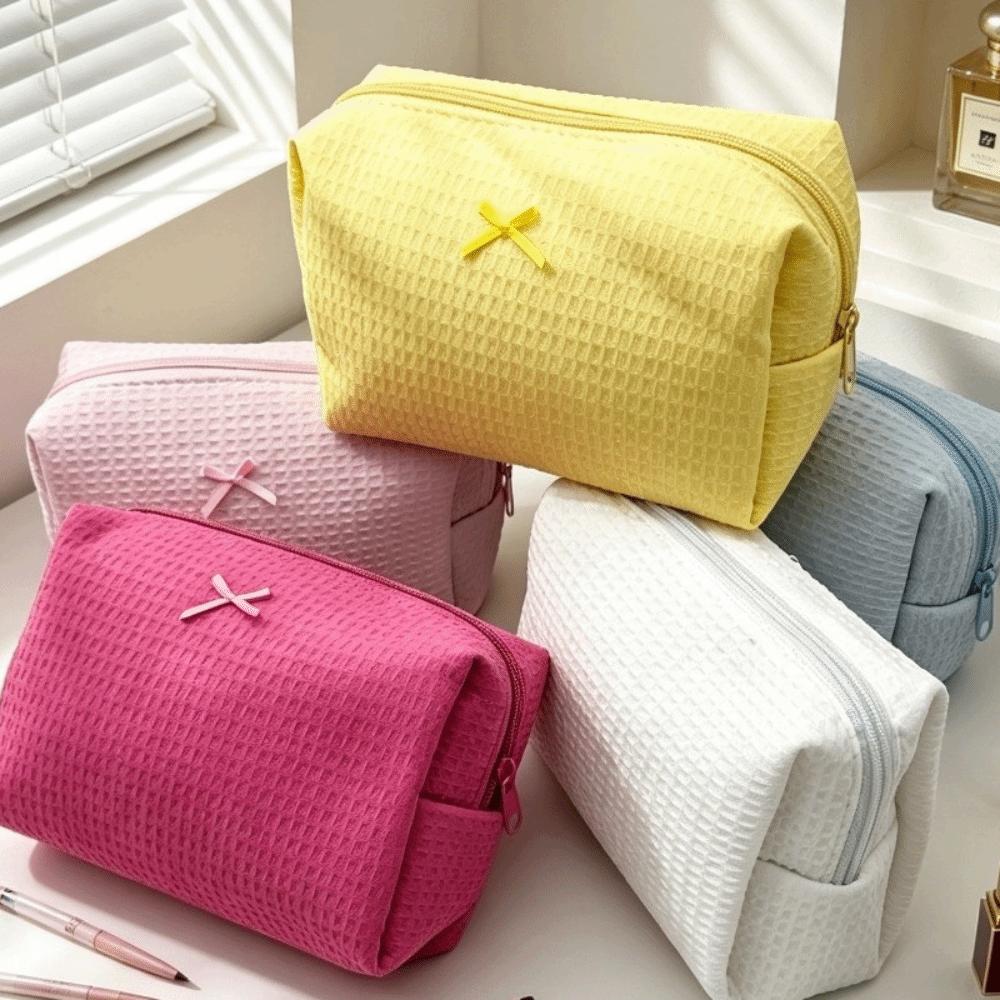 Bow Decor Cosmetic Bag Zipper Toiletry Organizer Sweet Waffle Knit Makeup Bag Travel