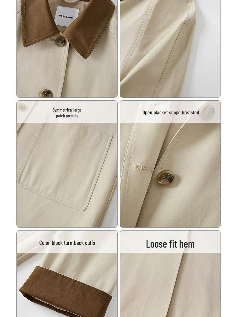 Женский японский тренч цвета хаки на осень 2025 года - Свободный крой, Цветной блок, Пальто средней длины с лацканами