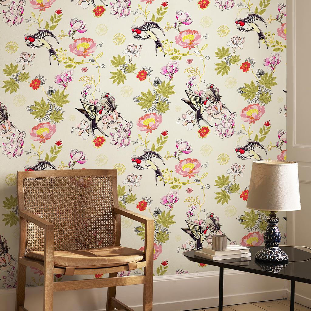 Желтые ласточки Самоклеящиеся обои Ретро Золотые листья и цветы Декор стен Водонепроницаемая наклейка для ванной комнаты кухни