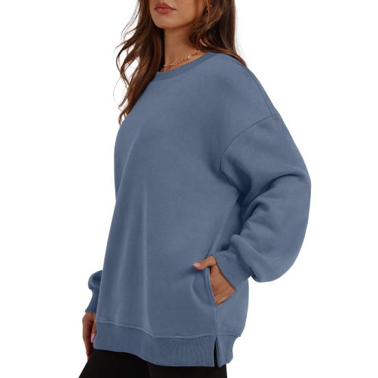 Осенне-зимняя женская толстовка из утолщенного плюша с круглым вырезом, однотонная, свободная, с разрезами по низу, с карманами, пуловер средней длины, теплая спортивная повседневная одежда, топ