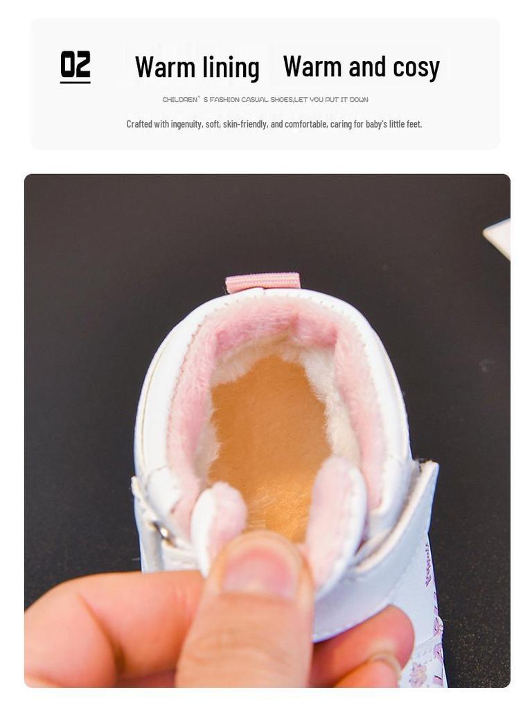 Осень/Зима 2025 Детские кожаные ботинки-кроссовки с мультяшным принтом, средней высоты - Унисекс, Модные белые