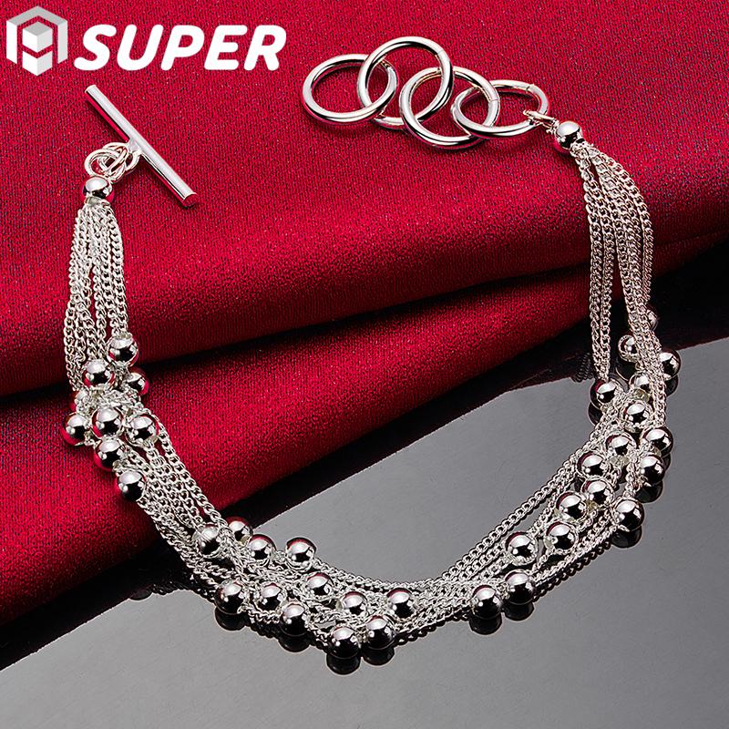 Элегантный браслет из нескольких цепочек из стерлингового серебра 925 пробы с гладкими бусинами и застежкой-тоггл