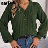 Women's Fashion Casual Solid Color Autumn Winter Long Sleeve V-Neck Loose Twist Button Lantern Sleeve Pullover Sweater