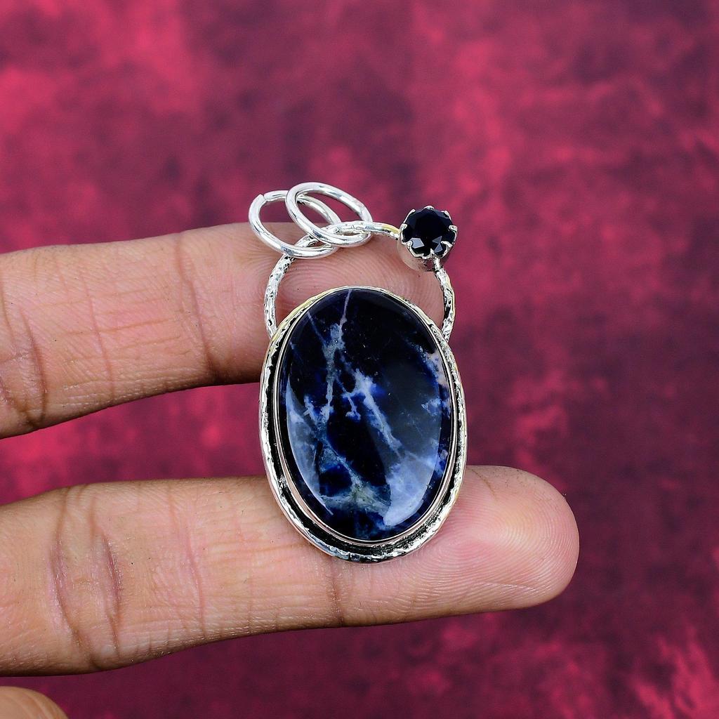 Содалит и Черная шпинель Подвеска из драгоценных камней ручной работы, Подвеска из стерлингового серебра 925 пробы, Антикварное украшение, Подвеска для подарка на помолвку