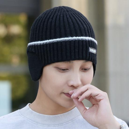 Зимняя мужская вязаная шапка, эластичная, утолщенная, однотонная, с защитой ушей, теплая, повседневная, для катания на лыжах, коньках, головной убор