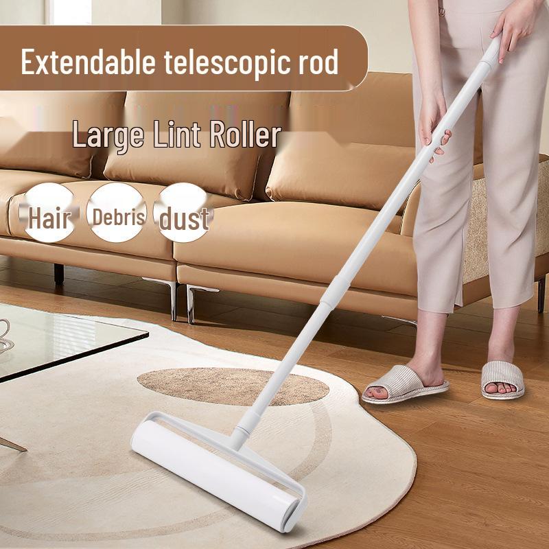 Long-Handle Lint Roller: Hair & Dust Removal Sticky Brush with Tearable Rolls for Floor and Bed.